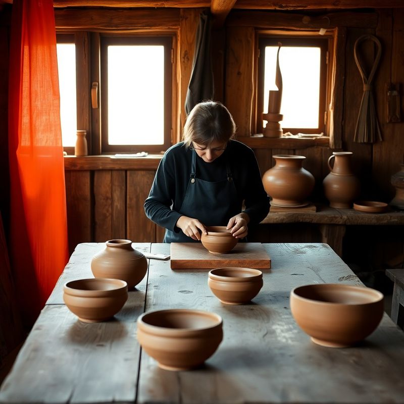 Masa de lucru a unui meșter român, cu vase de lut și lumină naturală caldă